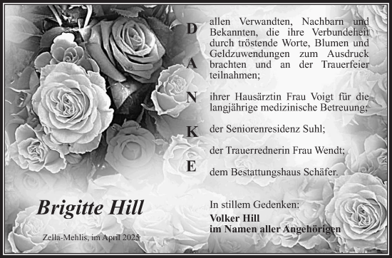 Traueranzeige von Brigitte Hill von Südthüringer Presse