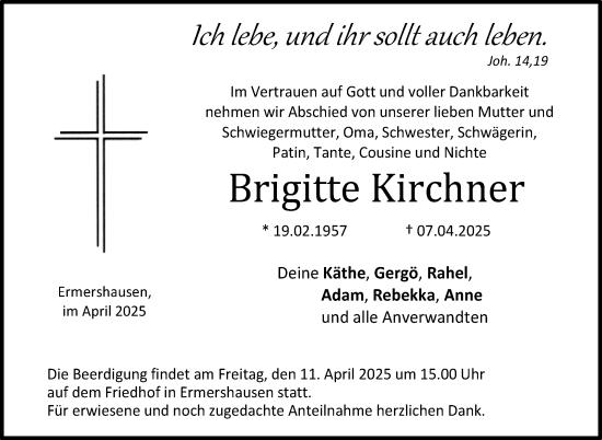 Traueranzeige von Brigitte Kirchner von Neue Presse Coburg