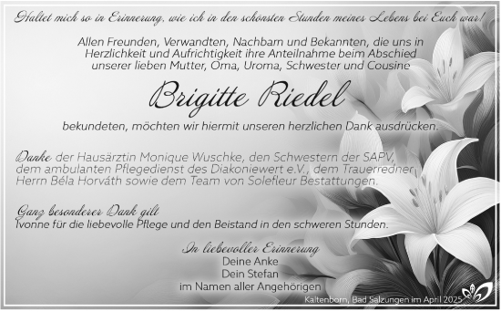 Traueranzeige von Brigitte Riedel von Frankenpost