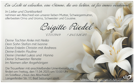 Traueranzeige von Brigitte Riedel von Südthüringer Presse