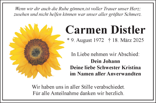 Traueranzeige von Carmen Distler von Frankenpost