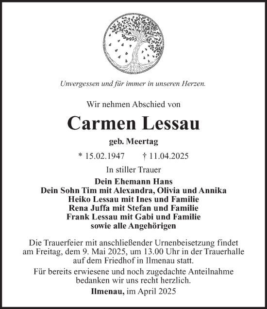 Traueranzeige von Carmen Lessau von Südthüringer Presse