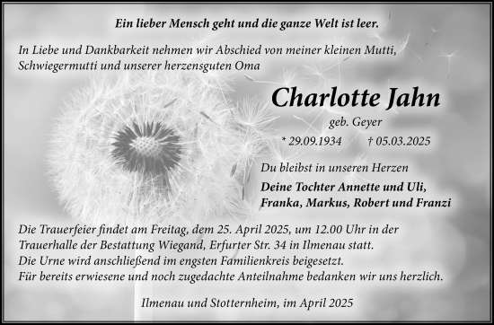Traueranzeige von Charlotte Jahn von Südthüringer Presse