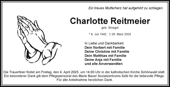 Traueranzeige von Charlotte Reitmeier von Frankenpost