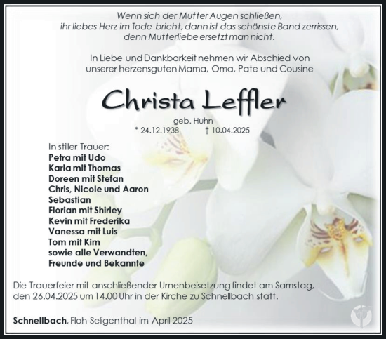 Traueranzeige von Christa Leffler von Südthüringer Presse