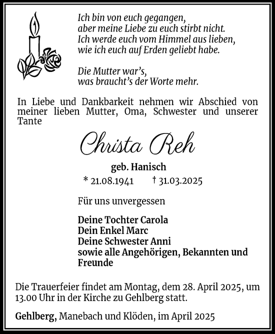 Traueranzeige von Christa Reh von Südthüringer Presse