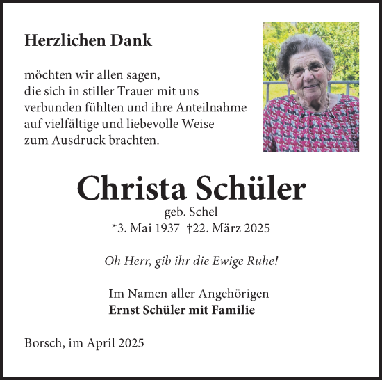 Traueranzeige von Christa Schüler von Südthüringer Presse