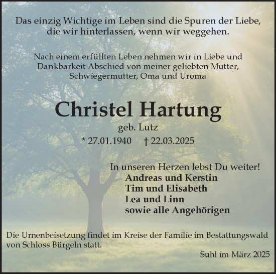 Traueranzeige von Christel Hartung von Südthüringer Presse