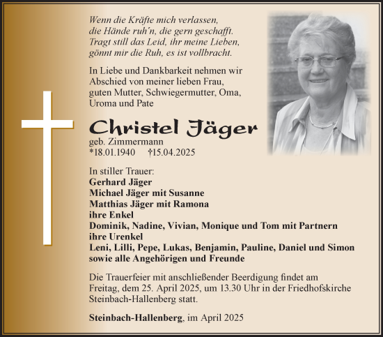 Traueranzeige von Christel Jäger von Südthüringer Presse