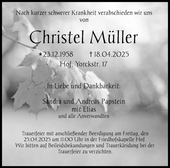 Traueranzeige von Christel Müller von Frankenpost