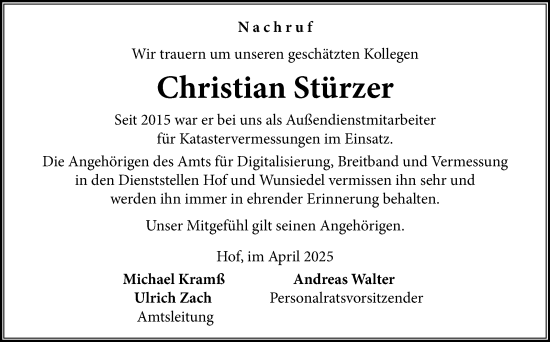 Traueranzeige von Christian Stürzer von Frankenpost