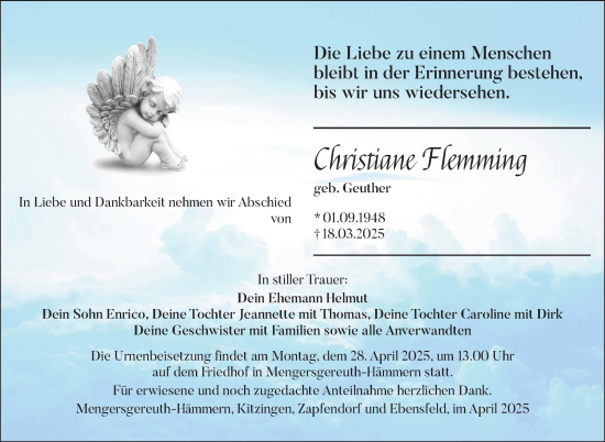 Traueranzeige von Christiane Flemming von Südthüringer Presse