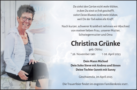 Traueranzeige von Christina Grünke von Südthüringer Presse