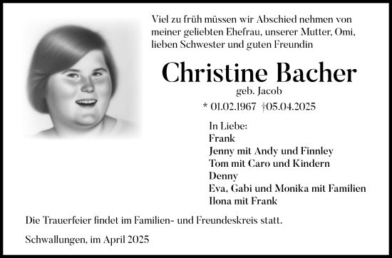 Traueranzeige von Christine Bacher von Südthüringer Presse
