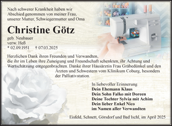 Traueranzeige von Christine Götz von Südthüringer Presse