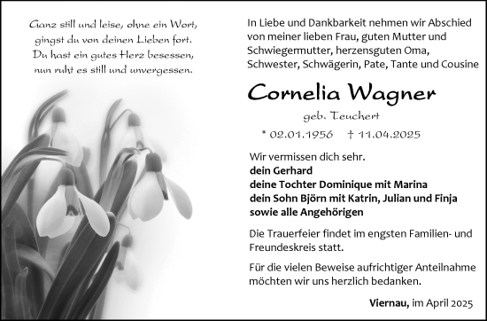Traueranzeige von Cornelia Wagner von Südthüringer Presse