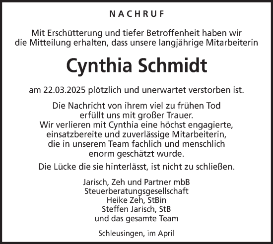 Traueranzeige von Cynthia Schmidt von Südthüringer Presse