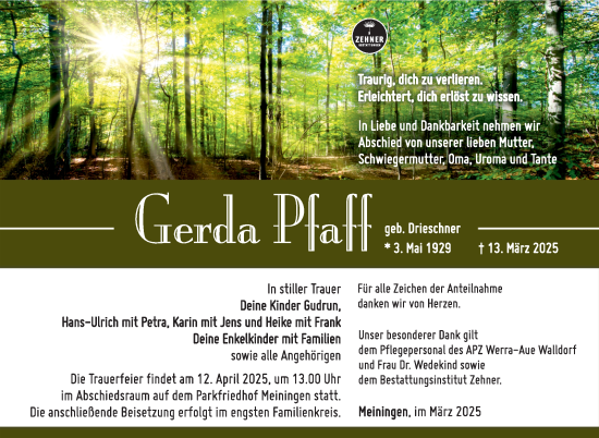 Traueranzeige von Gerda Pfaff von Südthüringer Presse
