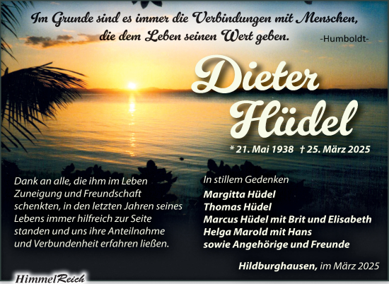 Traueranzeige von Dieter Hüdel von Südthüringer Presse