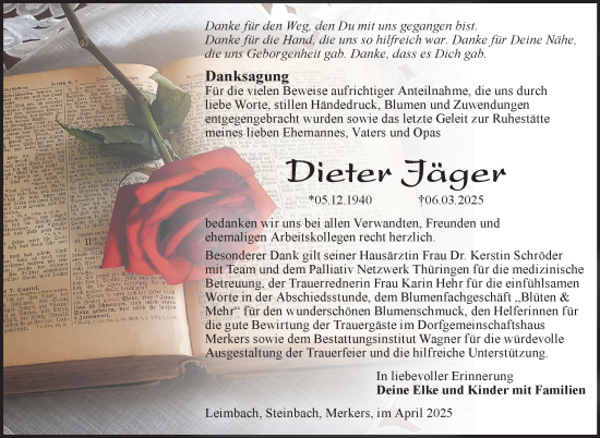Traueranzeige von Dieter Jäger von Südthüringer Presse