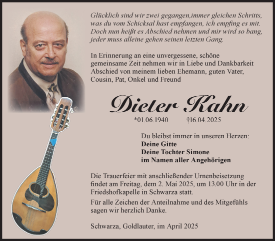 Traueranzeige von Dieter Kahn von Südthüringer Presse