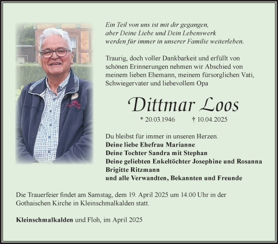 Traueranzeige von Dittmar Loos von Südthüringer Presse