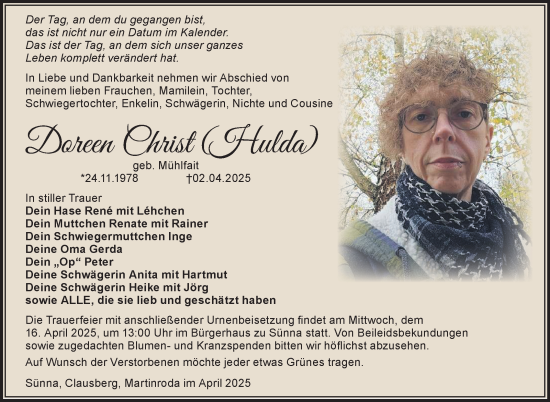 Traueranzeige von Doreen Christ von Südthüringer Presse