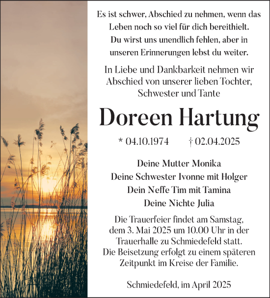 Traueranzeige von Doreen Hartung von Südthüringer Presse