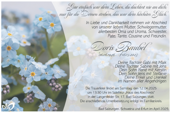 Traueranzeige von Doris Baubel von Südthüringer Presse