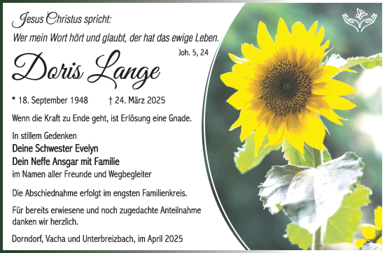 Traueranzeige von Doris Lange von Südthüringer Presse
