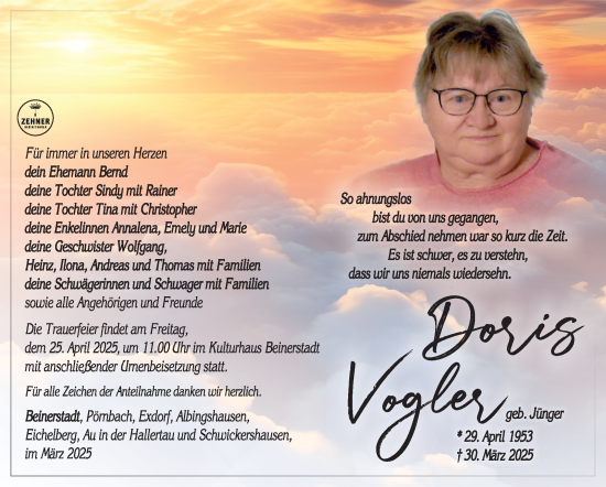 Traueranzeige von Doris Vogler von Südthüringer Presse