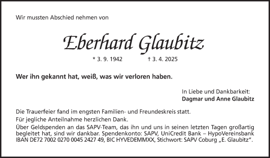 Traueranzeige von Eberhard Glaubitz von Neue Presse Coburg