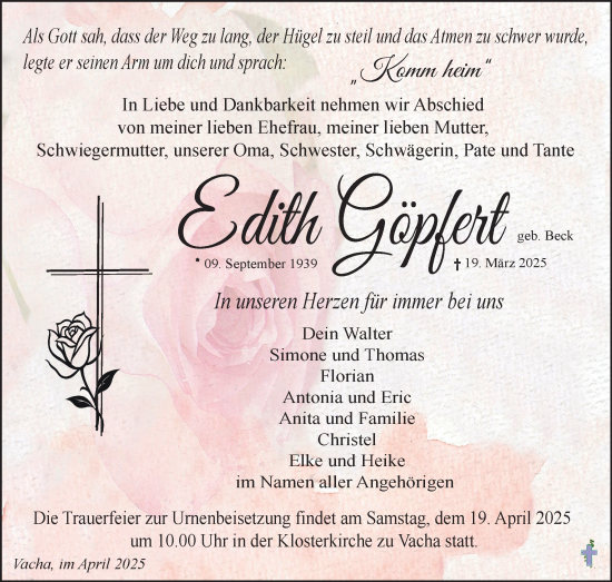 Traueranzeige von Edith Göpfert von Südthüringer Presse