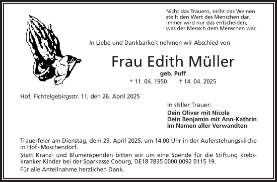 Traueranzeige von Edith Müller von Frankenpost