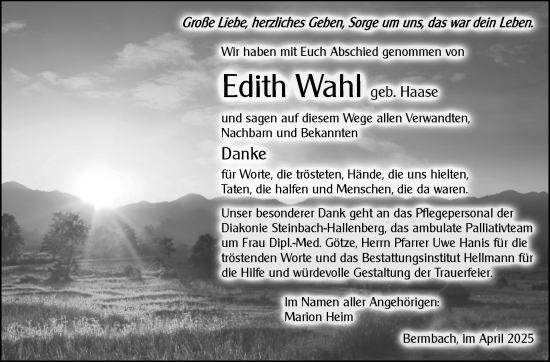 Traueranzeige von Edith Wahl von Südthüringer Presse