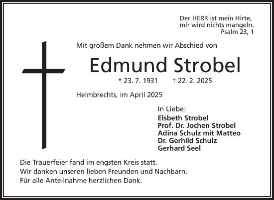 Traueranzeige von Edmund Strobel von Frankenpost