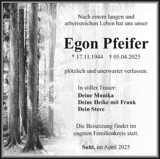 Traueranzeige von Egon Pfeifer von Südthüringer Presse