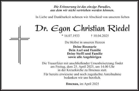 Traueranzeige von Egon Christian Riedel von Südthüringer Presse