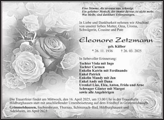 Traueranzeige von Eleonore Zetzmann von Südthüringer Presse