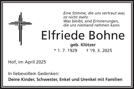 Traueranzeige von Elfriede Bohne von Frankenpost