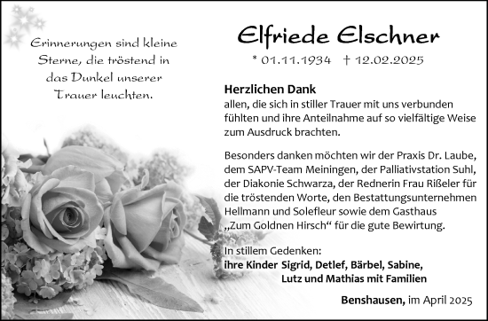 Traueranzeige von Elfriede Elschner von Südthüringer Presse