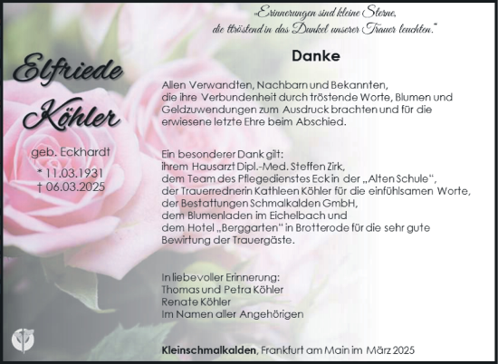 Traueranzeige von Elfriede Köhler von Südthüringer Presse