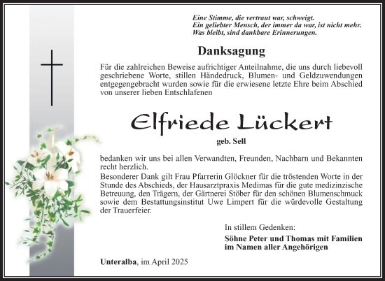 Traueranzeige von Elfriede Lückert von Südthüringer Presse