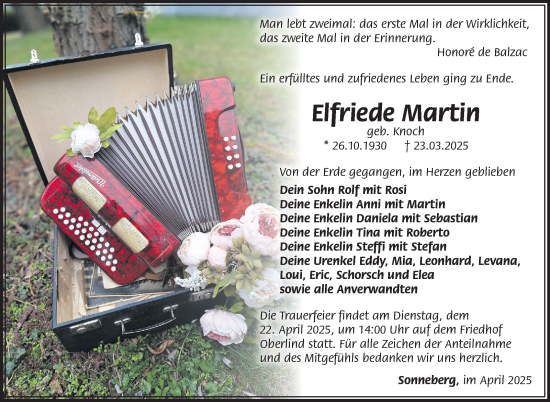 Traueranzeige von Elfriede Martin von Südthüringer Presse