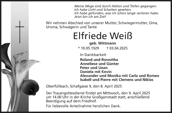 Traueranzeige von Elfriede Weiß von Neue Presse Coburg