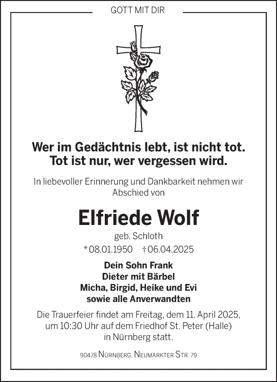 Traueranzeige von Elfriede Wolf von Frankenpost