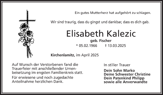 Traueranzeige von Elisabeth Kalezic von Frankenpost
