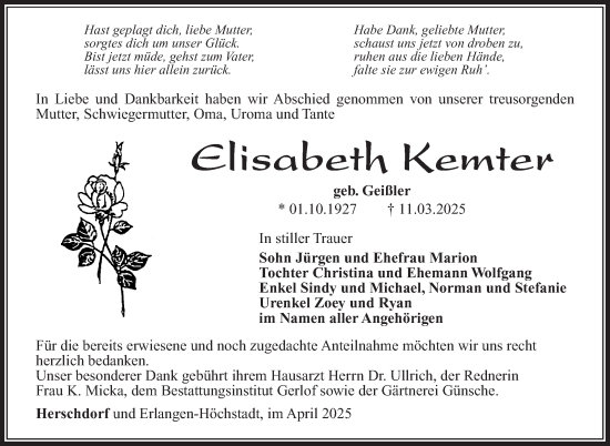 Traueranzeige von Elisabeth Kemter von Südthüringer Presse