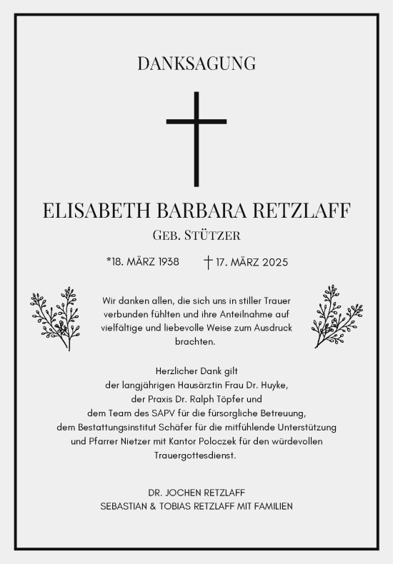 Traueranzeige von Elisabeth Barbara Retzlaff von Südthüringer Presse