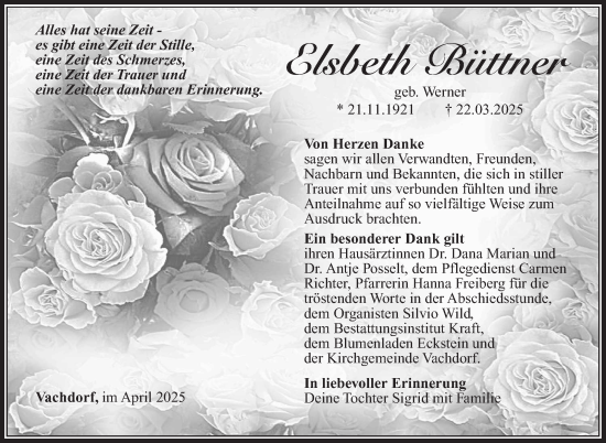 Traueranzeige von Elsbeth Büttner von Südthüringer Presse